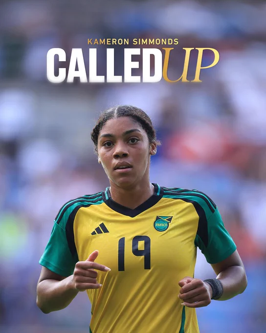 A photo of Kameron Simmonds running in a Jamaica jersey. Above her, it reads "Kameron Simmonds Called Up"