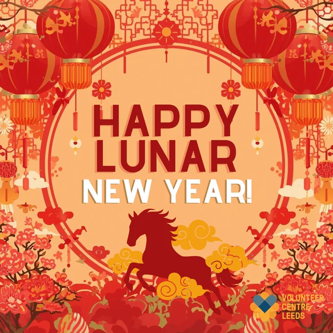 Happy Lunar New Year! Volunteer Centre Leeds logo. Images of red lanterns, patterns and a horse - symbols of the lunar new year.