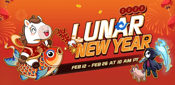 Stylized illustration with a horse riding a koi fish and our game protagonists. Celebrating the Lunar New Year Steam Event, it offers the following description: "2026 Lunar New Year, Feb 12 - Feb 26 at 10am PT"