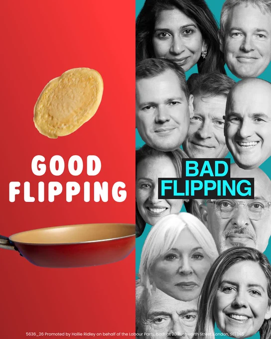 Left side: Good flipping. Pancake and pan on a red background.

Right side: Tory - Reform defectors. "Bad flipping."