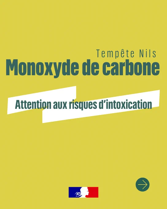 Affiche de prévention avec fond jaune indiquant : « Tempête Nils Monoxyde de carbone, Attention aux risques d’intoxication ».