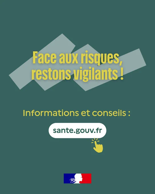 Affiche en français sur fond vert, avec le texte « Face aux risques, restons vigilants ! » en jaune au centre. Plus bas, il est écrit « Informations et conseils : sante.gouv.fr », accompagné d'une main jaune pointant le lien.