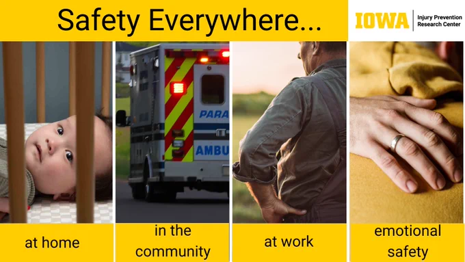 a baby in a crib
an ambulance
a farmer
putting a hand on a person's back
logo of the University of Iowa Injury Prevention Research Center