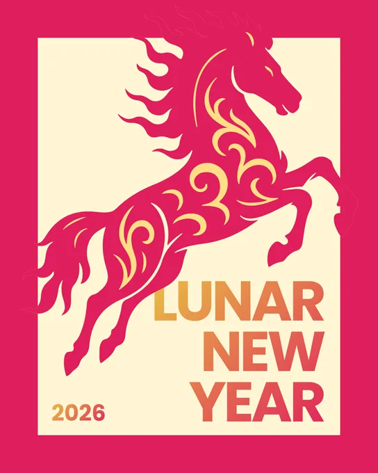 Stylized red horse with swirling patterns leaps above bold text reading 'Lunar New Year 2026' on a cream and red background.