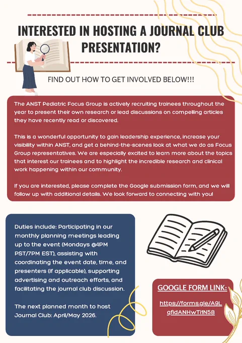 Zoom webinar flyer. In the upper left: cartoon image of woman with magnifying glass in book. To the right is a title: INTERESTED IN HOSTING A JOURNAL CLUB PRESENTATION?. Below this, states: FIND OUT HOW TO GET INVOLVED BELOW!!!. Text in a red box and blue boxes gives detail events. To the lower right, there is an image of a book with a pencil inside of it. 
