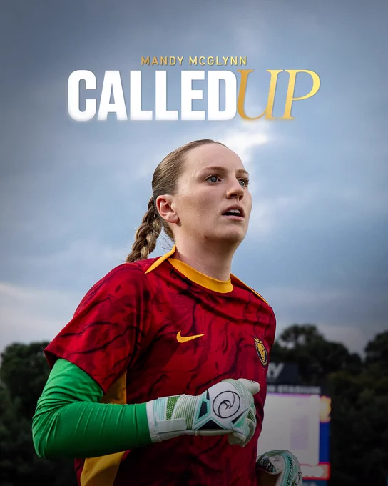 A photo of Mandy running during a warmup. Above her head, it reads "Mandy McGlynn Called Up"