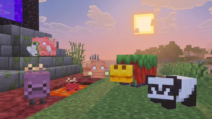 Cozy image of a baby zoglin, hoglin, snifflet, panda, and striders looking at the camera with a sunset behind them