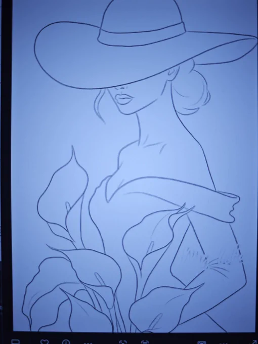 Sketch of a woman in a hat with flowers.