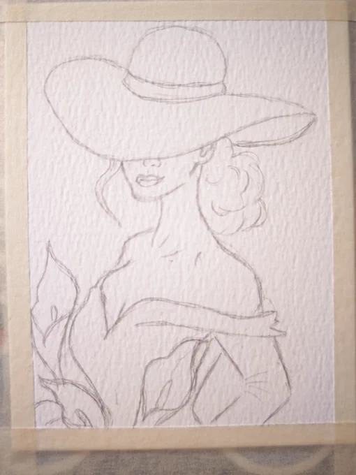 Sketch of a woman in a hat with flowers.