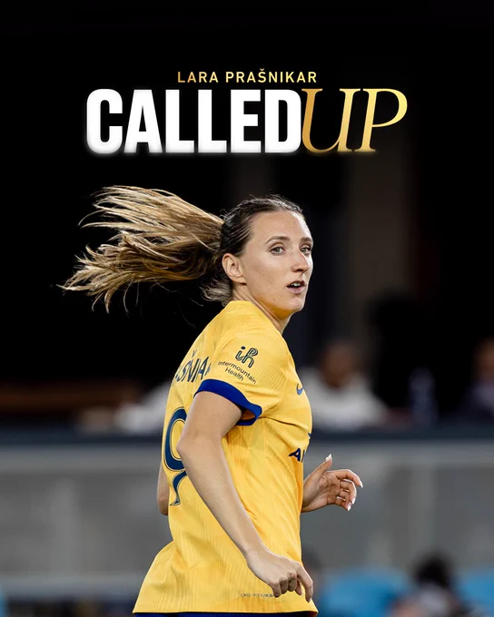 A photo of Lara running during a match. The words "Lara Prašnikar Called Up" are written above her head
