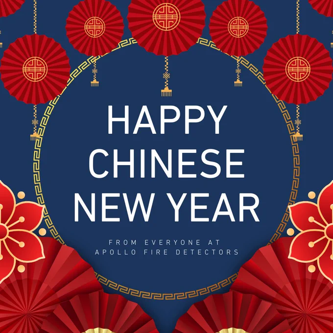 Blue background with red Chinese lanterns and floral decorations framing 'Happy Chinese New Year' greeting from Apollo Fire Detectors.