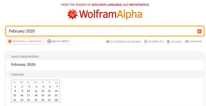 Wolfram|Alpha: February 2026 calendar.