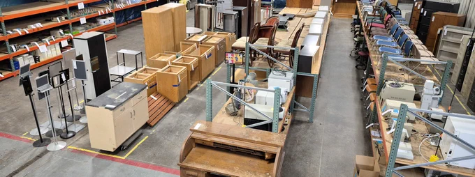 Overview photo of furniture and scientific items at Surplus.