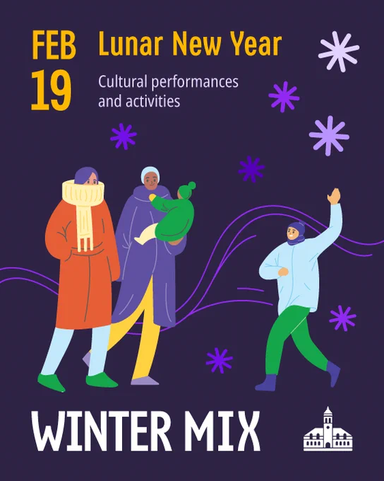 Illustrated poster for "Winter Mix" event on February 19, celebrating Lunar New Year with cultural performances and activities. Features three people dressed in winter clothing, one holding a child, surrounded by decorative stars and swirls. A small building icon is at the bottom.