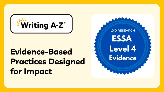 A banner featuring the Writing A-Z logo and text stating "Evidence-Based Practices Designed for Impact" alongside a blue badge labeled "LXD Research ESSA Level 4 Evidence." The background is yellow.