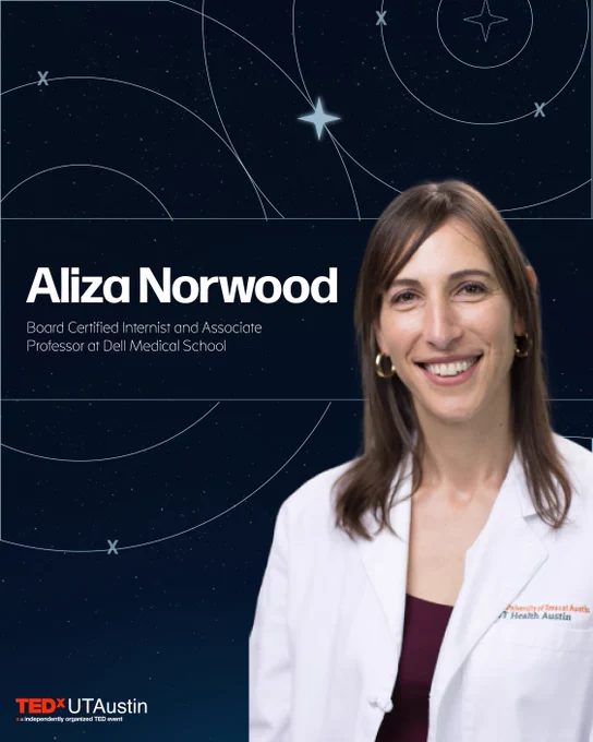 A portrait of a health care professional in white coat with a cosmic background. The name "Aliza Norwood" is displayed.