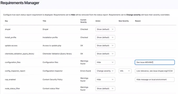 Admin interface of the module, allowing to change the severity of the requirement messages and adding a reason why.