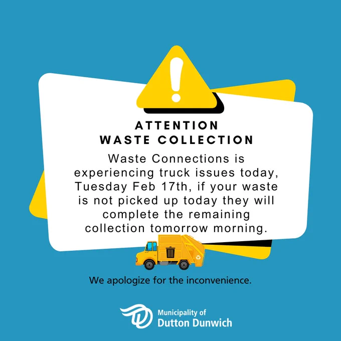 Waste Connections is experiencing truck issues today, Tuesday February 17th, if your waste is not picked up today they will complete the remaining route tomorrow morning.