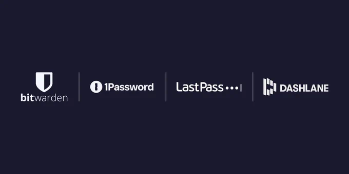Logos of four password managers: Bitwarden, 1Password, LastPass, and Dashlane displayed against a dark background.