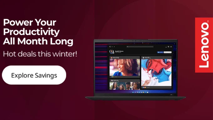 A Lenovo advertisement features a laptop displaying a video call with three participants. 
