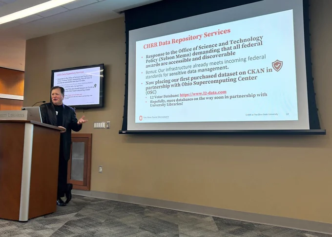 Stephen Gavazzi, director of CHRR at The Ohio State University, gives a presentation on CHRR's data repository solution that is configured to meet federal rules for data sharing, even for sensitive data. Gavazzi is also a professor in the College of Education and Human Ecology.