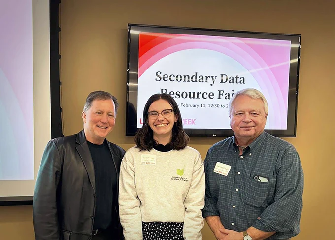 From left to right: Stephen Gavazzi, Katie Jennings, and Steve McClaskie pose together after participating in the Secondary Data Fair. Gavazzi is director of CHRR at The Ohio State University and a professor in the College of Education and Human Ecology. Jennings is a research associate at the Ohio Education Research Center, a CHRR partner. McClaskie is a CHRR research sr. associate and also a user services rep for the Bureau of Labor Statistics' National Longitudinal Surveys. 