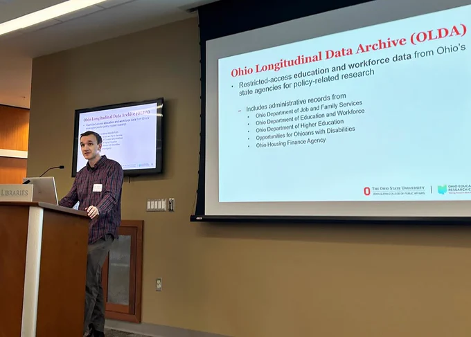 Mark Oleson, Ohio Education Research Center data scientist, gives a presentation about state administrative data available through the Ohio Longitudinal Data Archive (OLDA). The OLDA is managed by CHRR at The Ohio State University in collaboration with Ohio's state workforce and education agencies.