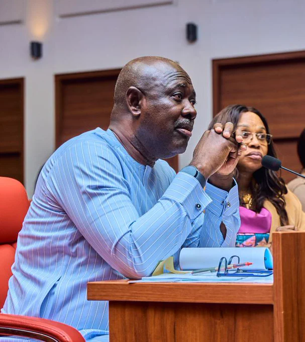 The Honourable Minister of State Petroleum Resources (Oil) Sen. Heineken Lokpobiri and the Permanent Secretary MPR. Mrs. Patience N. Oyekunle in a photograph during the presentation of the Ministry's 2025 budget performance and 2026 budget proposals to the Joint Committee on Petroleum Resources of the Senate and House of Representatives, National Assembly, Abuja.