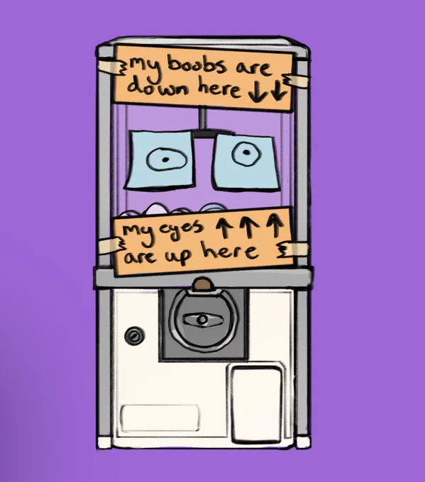 drawing of richard the hard launch podcast ball dispenser, with a paper saying “my boobs are down here” with arrows pointing down taped above her sticky notes and a paper saying “my eyes are up here” with arrows pointing up taped below her sticky notes. the gag is that the circles with dots on her sticky notes are supposed to be eyes but get read as boobs.