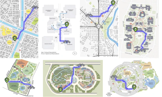 Example Paths generated by the proposed pipeline.  We observed that the generated images tend to render text incorrectly however we mostly focus on path qualities in this work. We believe that with improvements in image generation models, these artifacts can be easily suppressed in future work.
