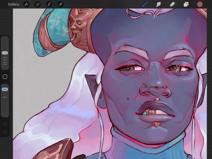 Screenshot of drawing program Procreate. On the canvas there is an illustration of dragon age character Taash. They are portrayed from their neck up looking towards the left side of the canvas. 