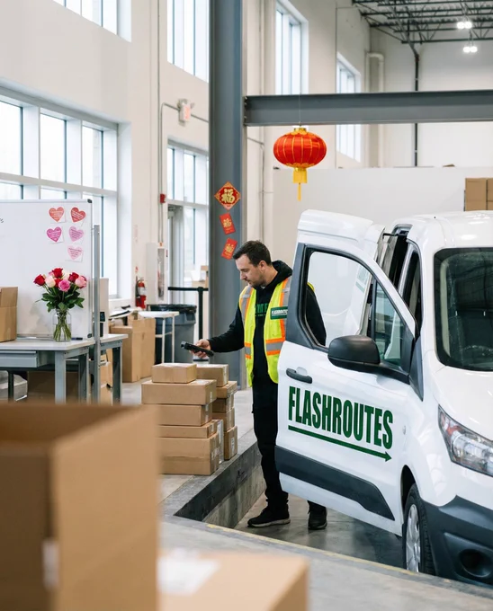 FlashRoutes driver scanning parcels in a warehouse loading area with a FlashRoutes van, subtle Valentine’s flowers and Chinese New Year red decorations in the background.