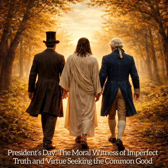 In the center, three men are shown from behind walking together down a sunlit path through a forest of golden autumn trees. The man on the left wears a dark 19th-century coat and a tall stovepipe hat. The man in the center has long hair and wears a simple, light-colored robe reminiscent of a first-century prophet. The man on the right wears an 18th-century blue coat, knee-length riding pants, white stockings, and a white powdered wig tied back in a braided ponytail. Warm light fills the path ahead. 
At the bottom of the image, tan text reads: “President’s Day: The Moral Witness of Imperfect Truth and Virtue Seeking the Common Good.”