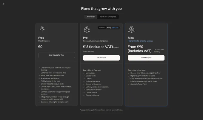 Subscription plans for a service named Claude, detailing Free, Pro, and Max tiers with features and pricing.