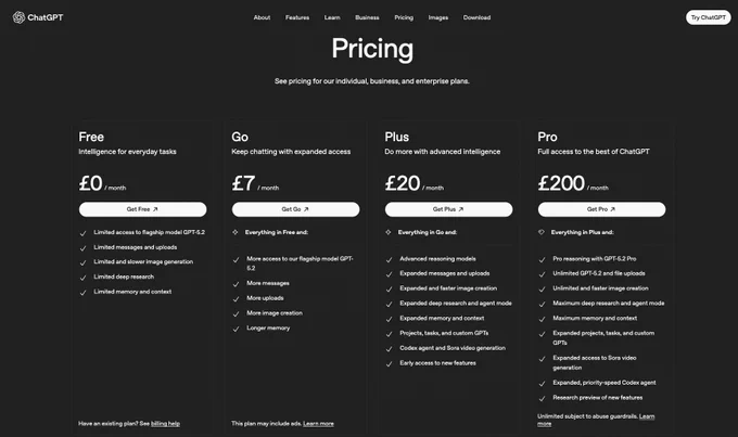 ChatGPT pricing plans are displayed, featuring Free, Go, Plus, and Pro options with varying features and costs monthly