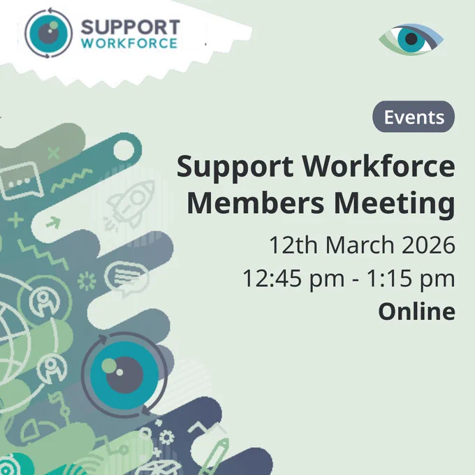 "Events. Support Workforce Members Meeting. 12th March 2026. 12:45 pm - 1:15 pm. Online." Image includes BIOS Support Workforce logo and graphics.