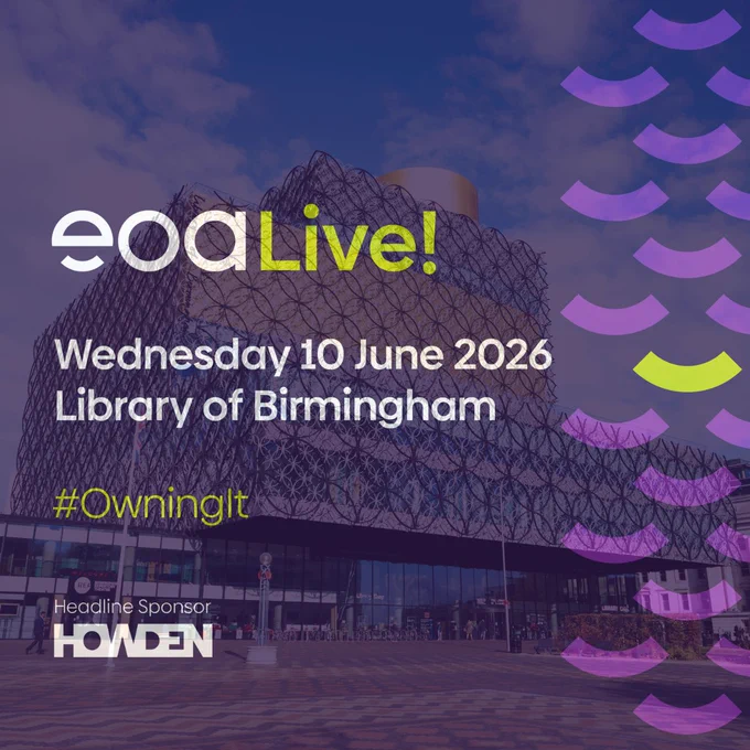 The Library of Birmingham overlaid with a purple wash and text reading 'eoaLive!, Wednesday 10 June 2026, Library of Birmingham, #OwningIt, Headline Sponsor: Howden'