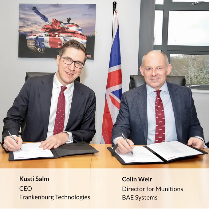 Kusti Salm, CEO of Frankenburg Technologies, and Colin Weir, Director for Munitions at BAE Systems, signing the cooperation agreement