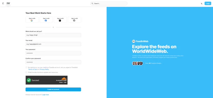FeedinWeb register page with the social authentication oAuth2 with google, facebook, x (twitter), github signup (Register now and start creating) - Yanik