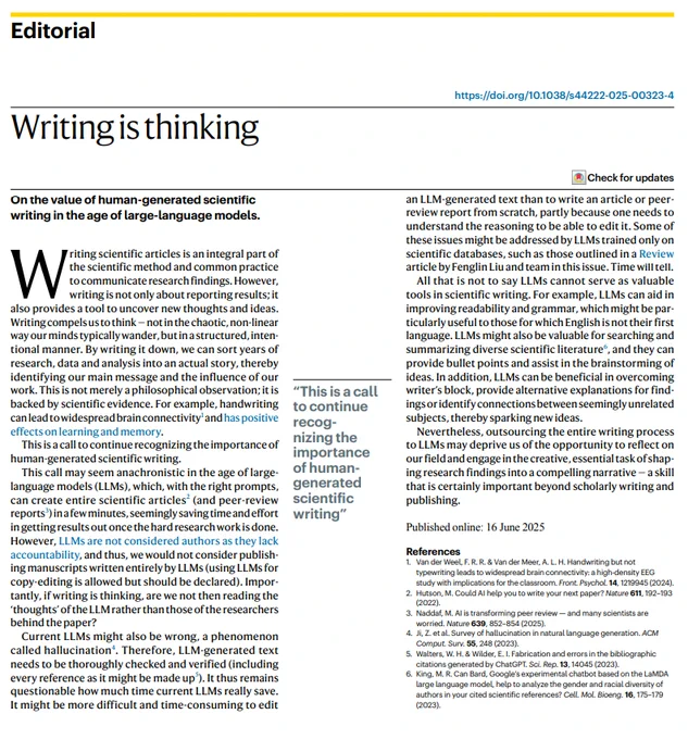 An editorial discusses the significance of human-generated writing in research, emphasizing its role in thinking and understanding.