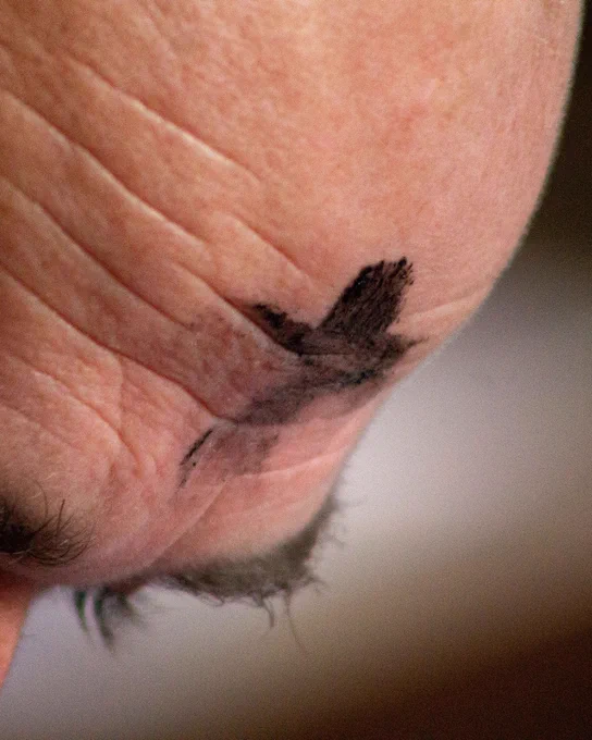 A close-up of a forehead with an ash cross marked on it.