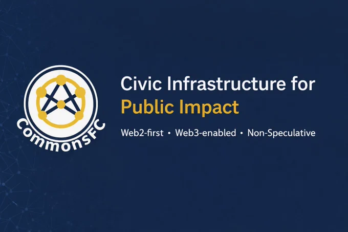 CommonsFC logo on a dark blue digital network background. Text reads: “Civic Infrastructure for Public Impact” with subtitle “Web2-first • Web3-enabled • Non-Speculative.”
