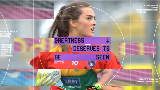 A person in a green, yellow, and red sports uniform is running on a field with a ball. Overlaid text reads: "Greatness deserves to be seen."