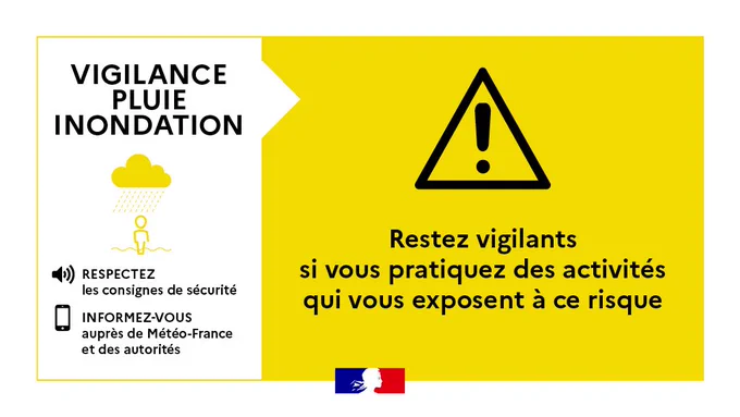 VIGILANCE PLUIE INONDATION
Restez vigilants si vous pratiquez des activités qui vous exposent à ce risque.
RESPECTEZ les consignes de sécurité.
INFORMEZ-VOUS auprès de Météo-France et des autorités.