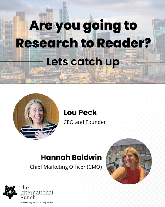 Text over cityscape inviting connection at Research to Reader event, showing Lou Peck and Hannah Baldwin.