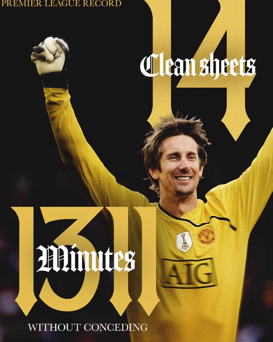 Edwin van der Sar celebrating with arms raised, highlighting 14 clean sheets and 1311 minutes without conceding in Premier League.