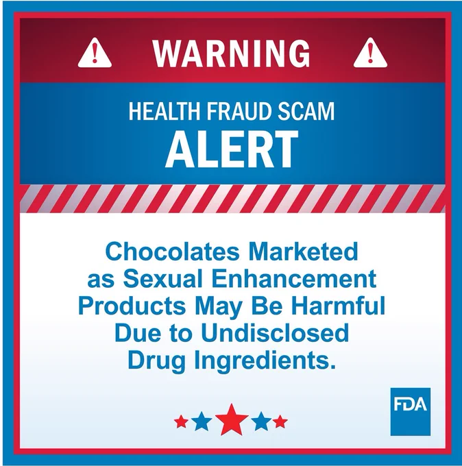 This photo album features tainted chocolate-based products marketed for sexual enhancement or performance that FDA laboratory testing has found to contain undisclosed and potentially dangerous active pharmaceutical ingredients. https://bit.ly/3MCI2Vz. 