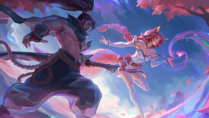 Ahri and Yasuo face an unseen opponent on the Spirit Hills stage. Ahri casts Charm as Yasuo prepares to draw his sword. Clouds and pink petals swirl around them. Fanart by @somewhat_irked.