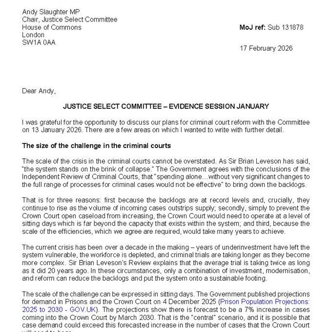 Letter from Sarah Sackman MP about criminal court reform.