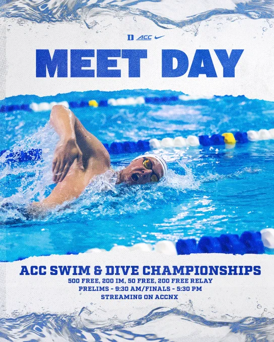 Informational meet day graphic with blue text saying it is A-C-C Swim & Dive Championships. The events are 500 free style, 200 I-M, 50 free, and 200 free relay. Prelims starting at 9:30 AM, finals starting at 5:30 PM, streaming on A-C-C Network X. Duke swimmer Ethan Mindlin is featured on the graphic